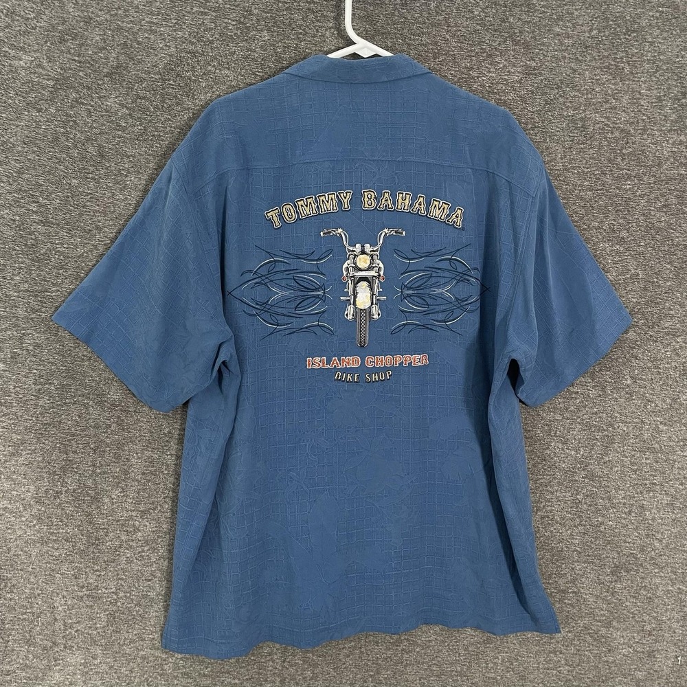 Tommy Bahama Shirt Mens XL Blue Silk Island Chopper Bike Floral Embroidered